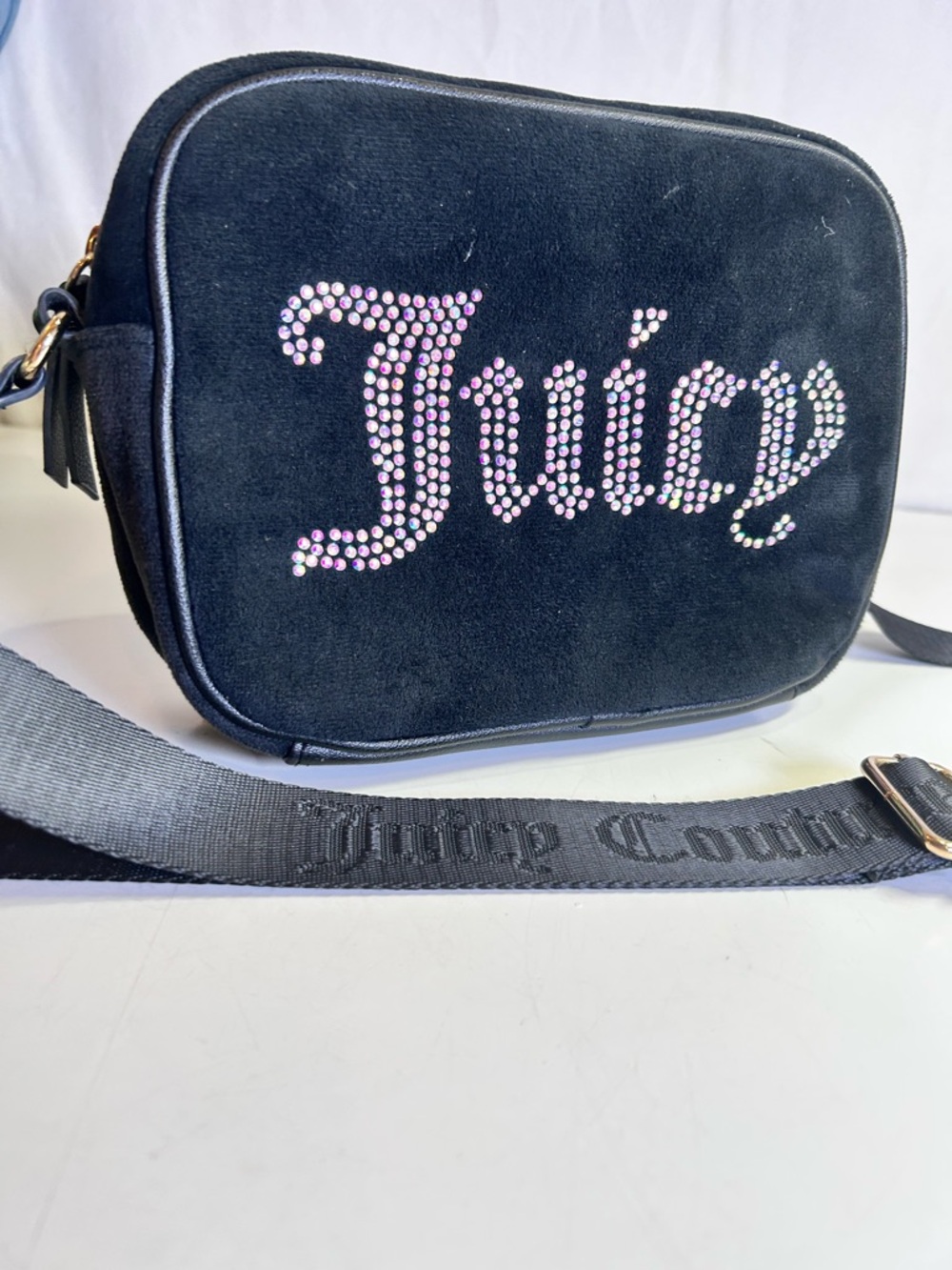 Juicy Couture Black Liquorice Obsession Velour Rhinestone Y2K Crossbody Bag